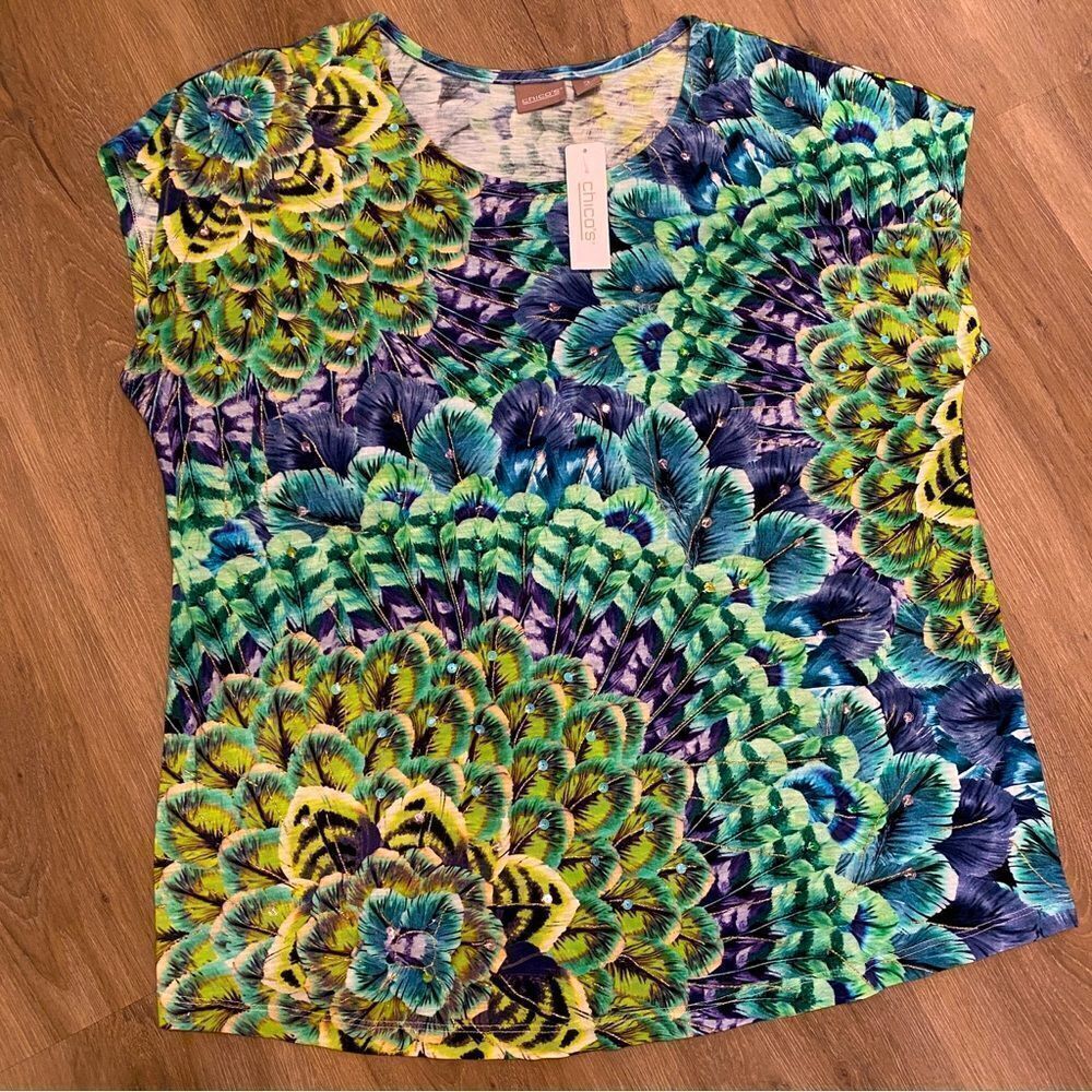 CHICO’S SCOOP NECK SLEEVELESS TOP FEATHER FANS PATTERN FLORAL PURPLE GRE…